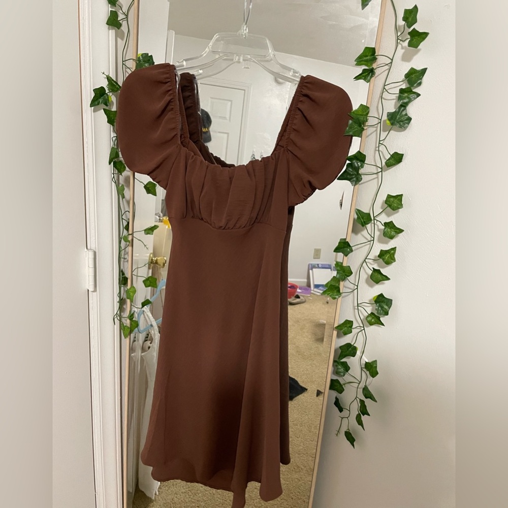 ALTARD STATE Brown Puff Sleeve Mini Dress